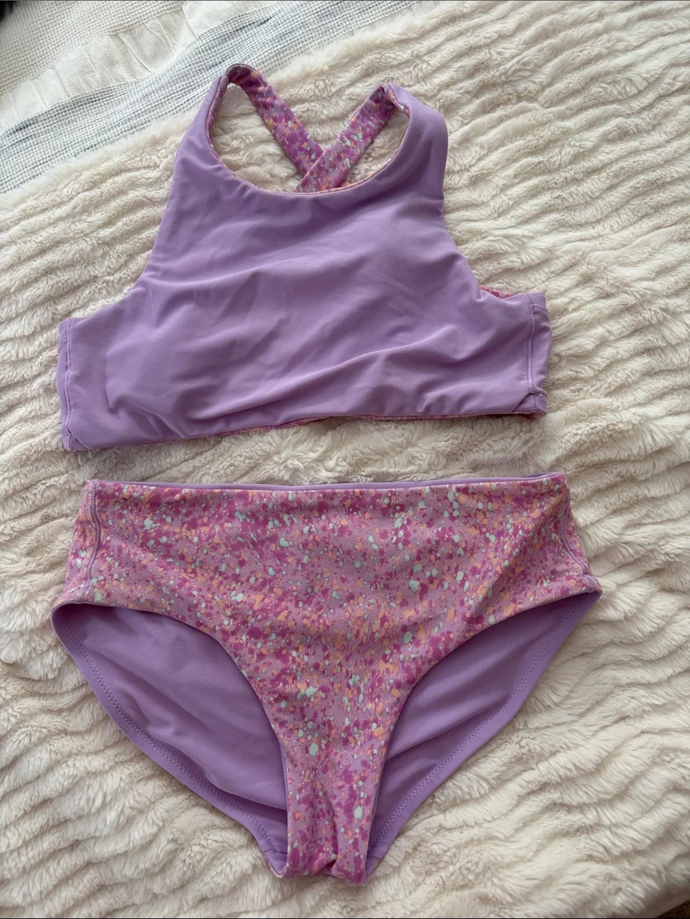 Athleta Lilac Two-Piece Girls' Swim Set with Pink Speckle Bottoms